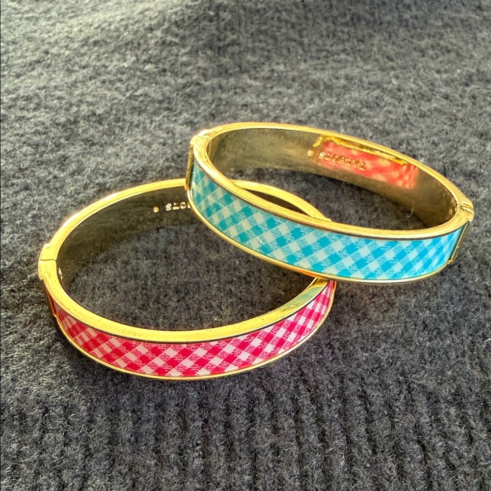 Talbots Gold Bangle Set with pink and Blue Checkered Design
